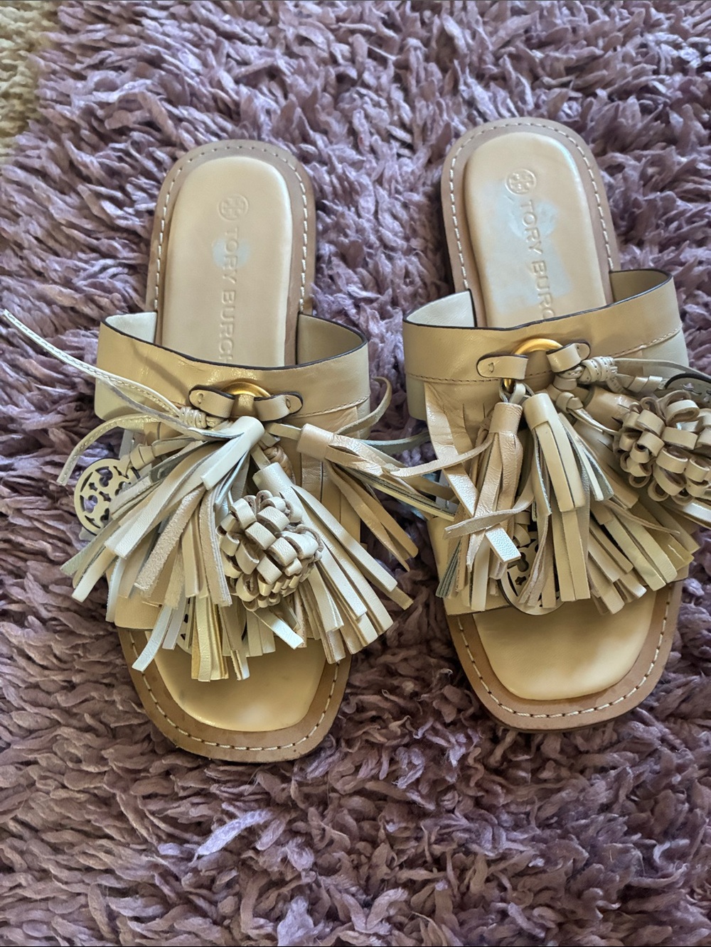 Tory Burch Beige Leather Tassel Slide Mules